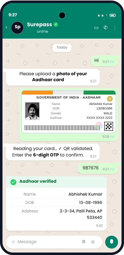 Aadhaar verification by card photo on WhatsApp