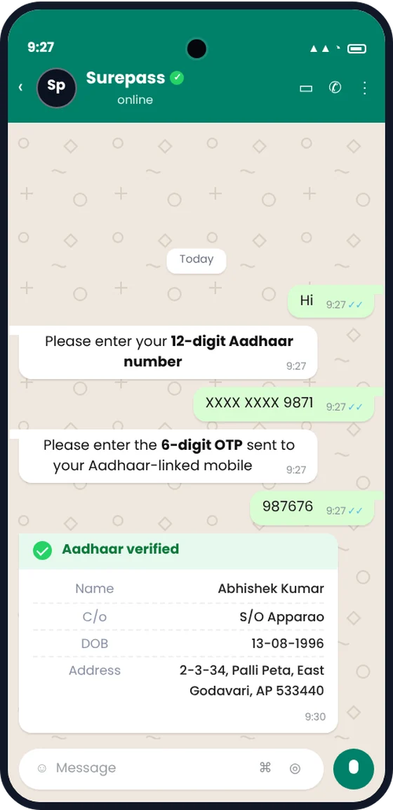 Aadhaar verification by number and OTP on WhatsApp