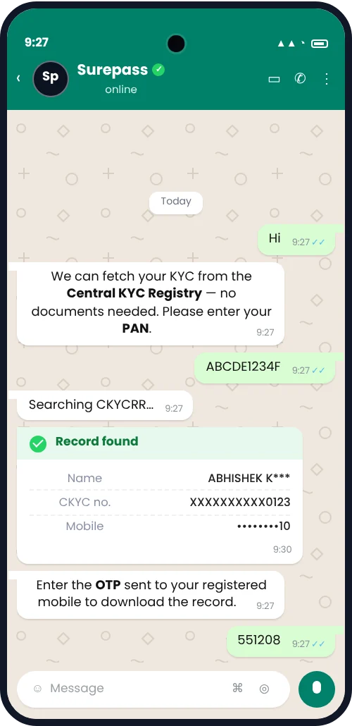 CKYC search with OTP consent on WhatsApp