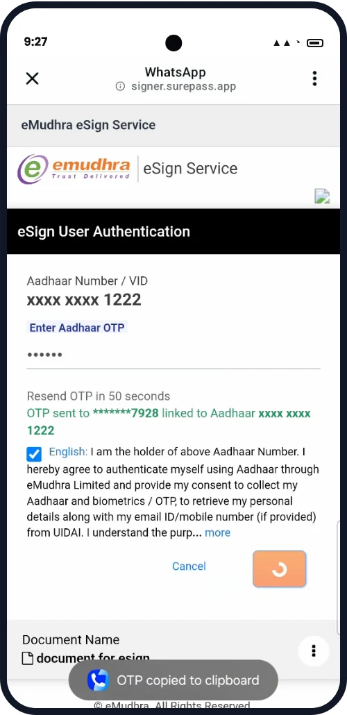 Aadhaar OTP via eMudhra