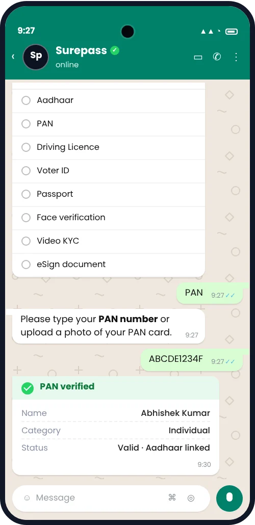 WhatsApp KYC chat: invite, service menu and PAN verified